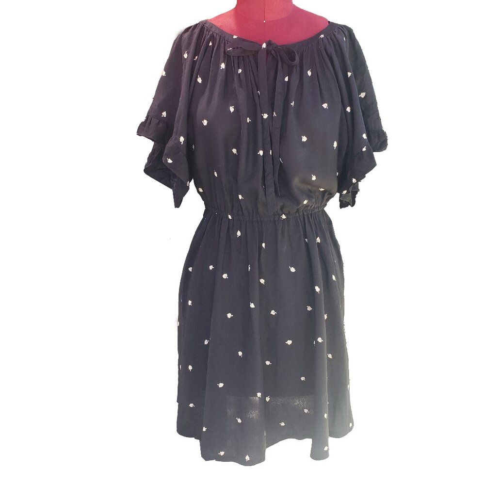 Nipon Boutique Vintage Blouson Dress Black Mini Floral Butterfly Sleeve Medium